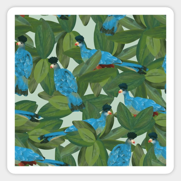 Great blue turacos in the trees light Sticker by MSBoydston